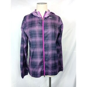 Nike Running Jacket Womens Full Zip Hooded Windbreaker Purple Plaid Size Small S
